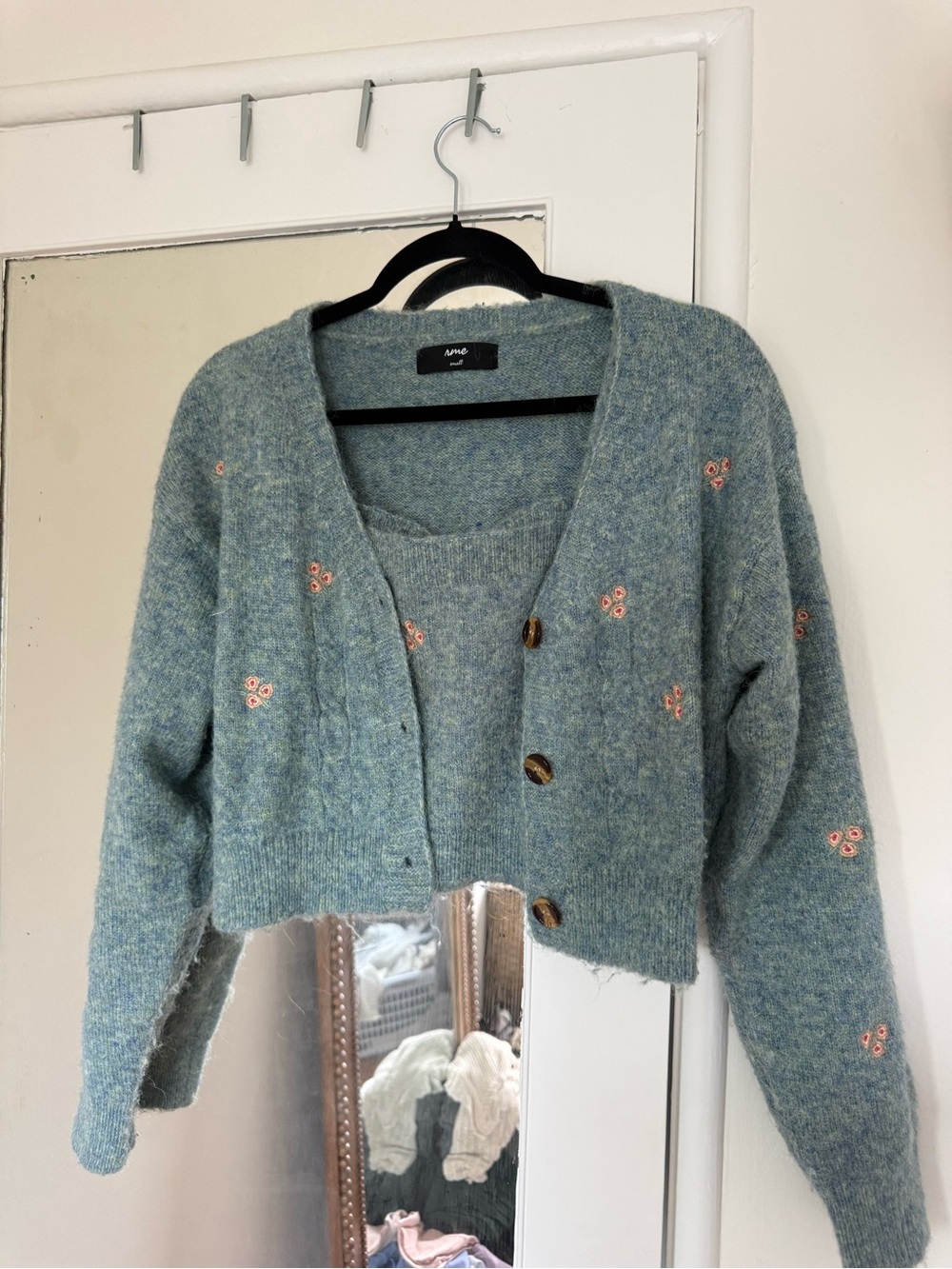 rme Seafoam Green Embroidered Cardigan and Tank Set